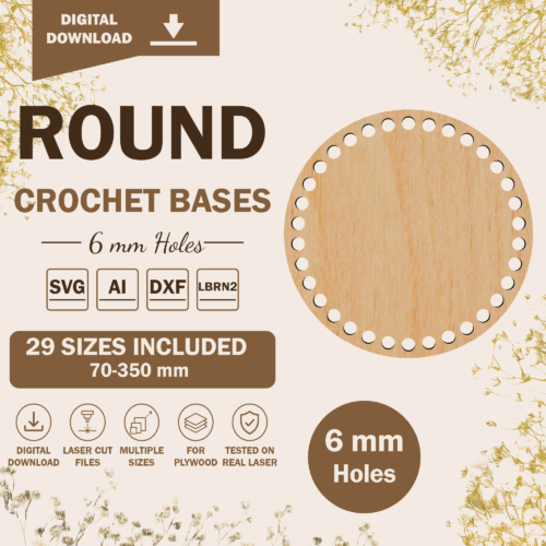 Round crochet basket bases – 29 sizes with 6 mm holes