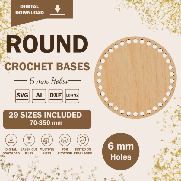 Round crochet basket bases – 29 sizes with 6 mm holes